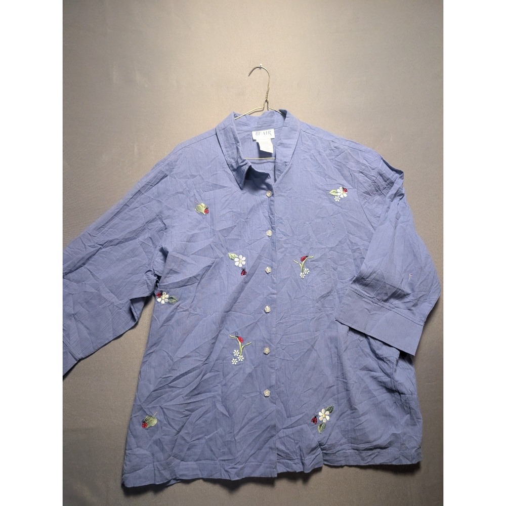 Blair Womens 2XL Blue Cotton Embroidered Floral Ladybug 3/4 Sleeve Button Shirt